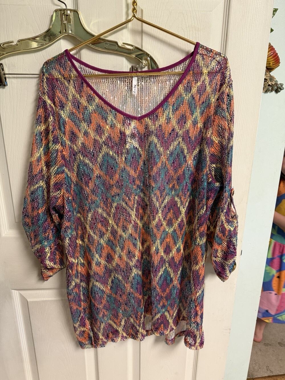 Mirror Image Crochet Mesh Cover Up Shirt Top Beach Sz. 3x Plus 56x34 Argyle